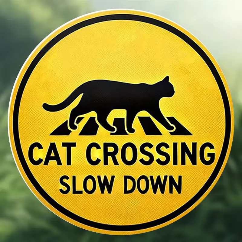 Panneau rond en métal de 8 pouces « Cat Crossing Slow Down », style rétro jaune, décoration en fer forgé, parfait pour la maison, les bars, les cafés, les clubs, les garages, les murs
