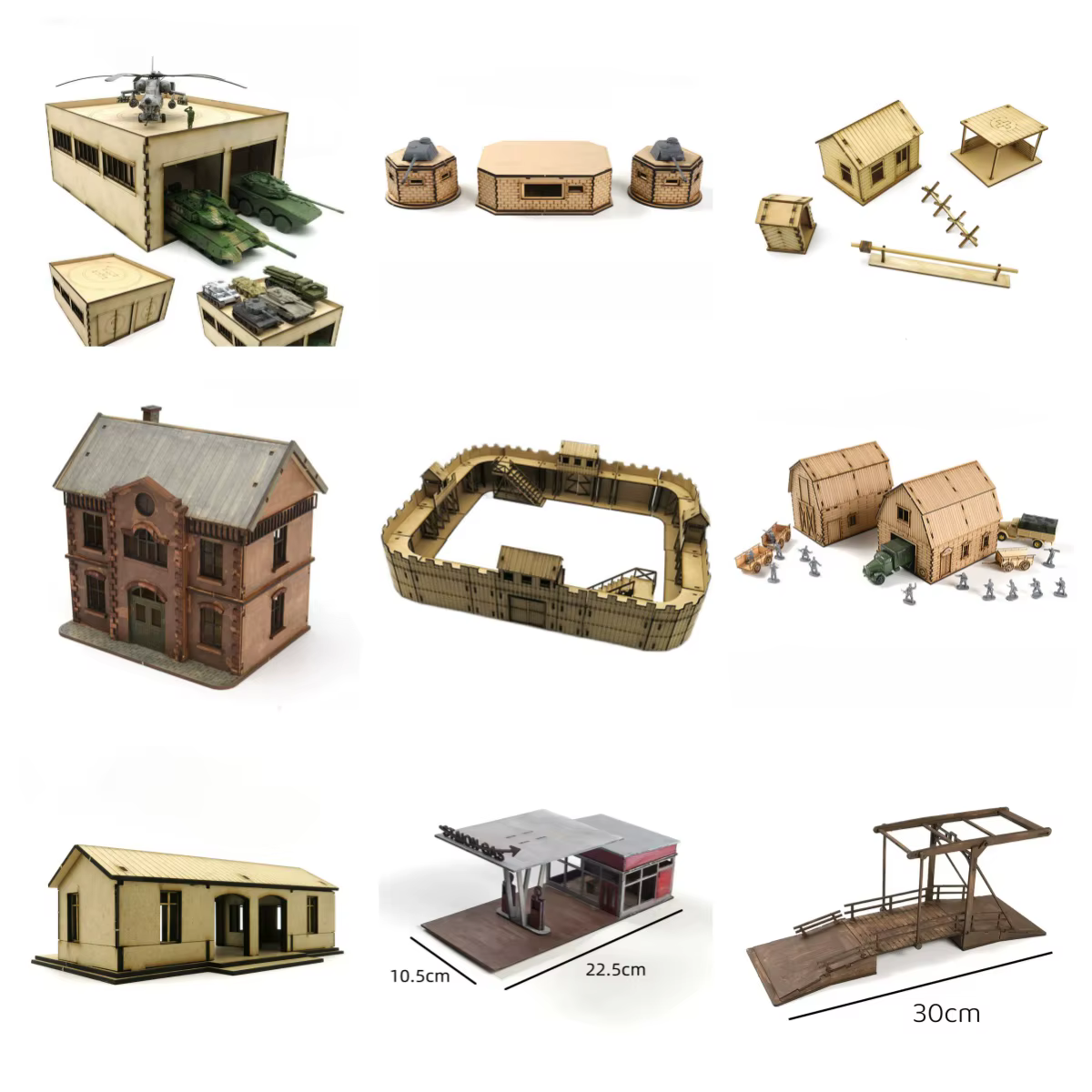 Bâtiments en bois à assembler 1/72, salle de commandement de la Seconde Guerre mondiale, barricades, ponts, entrepôt, gare, puzzle, jouets faits à la main pour modèles de scène