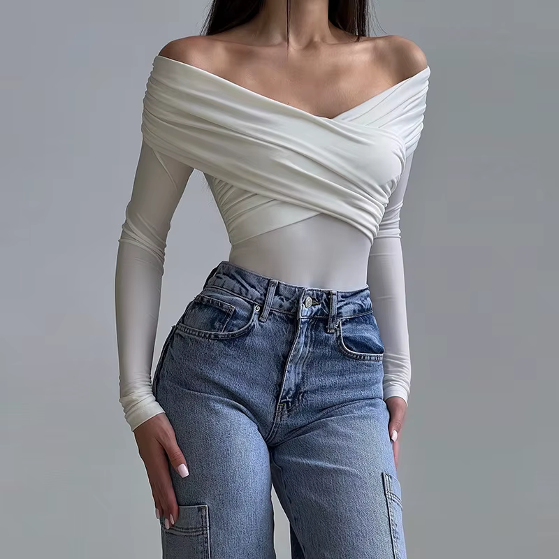 Nouveaux Bodys pour femmes Automne Sexy Dos nu Uni Corset Ajusté Mode Croisé Manches longues Décontracté Élégant