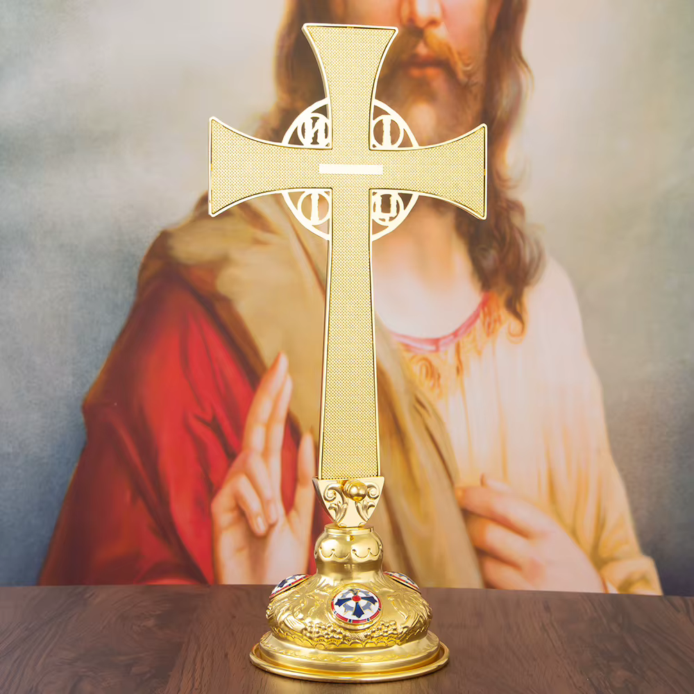 Nouvelle croix orthodoxe de bénédiction avec support pour la décoration de la maison d'église, icône de la Passion de jésus, boîte cadeau en croix émail rouge et bleue