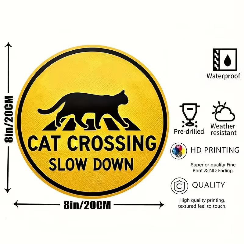 Panneau rond en métal de 8 pouces « Cat Crossing Slow Down », style rétro jaune, décoration en fer forgé, parfait pour la maison, les bars, les cafés, les clubs, les garages, les murs