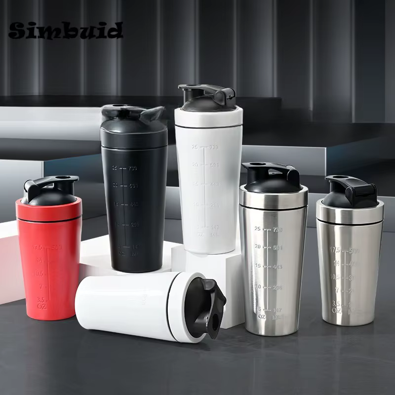 Bouteille Shaker de poudre de protéines en acier inoxydable, 500ML/750ML, avec boule en acier et échelle, anti-fuite, pour gymnastique, Fitness, Sport, tasses de lactosérum