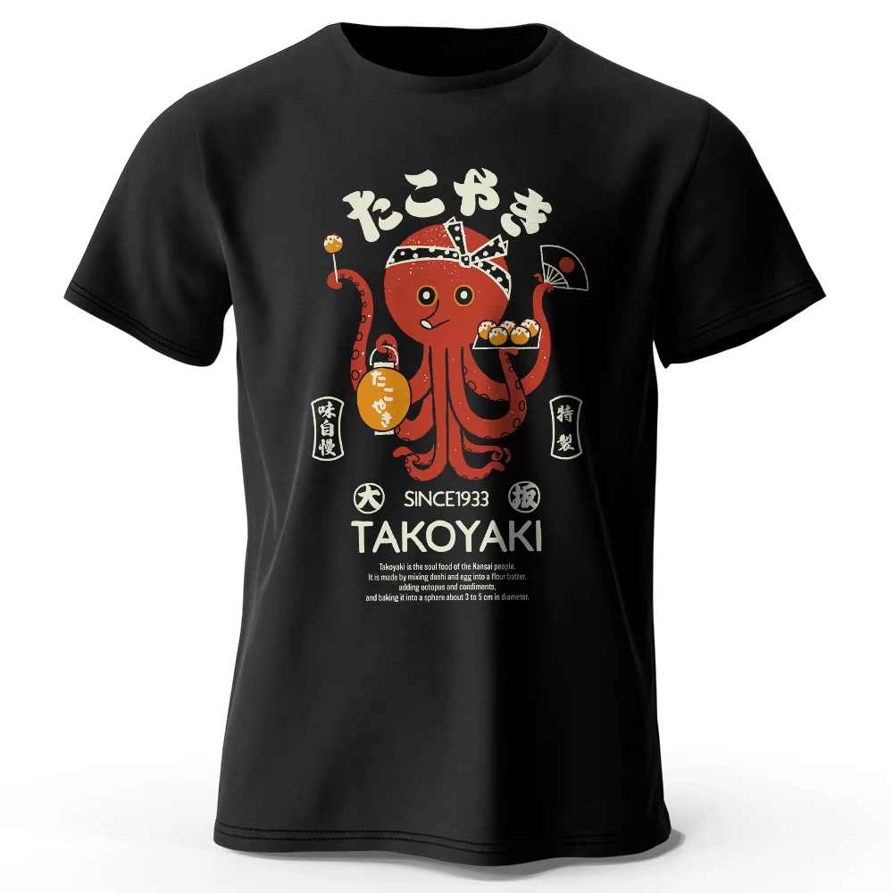 T-shirt 100% coton imprimé Chef poulpe japonais, T-shirt à manches courtes à col rond doux et respirant, style amusant et culturel unisexe