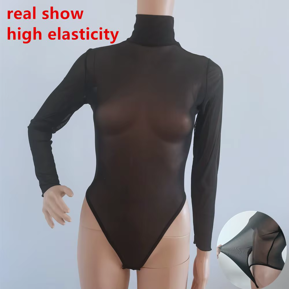 Body noir à manches longues et col haut pour femme