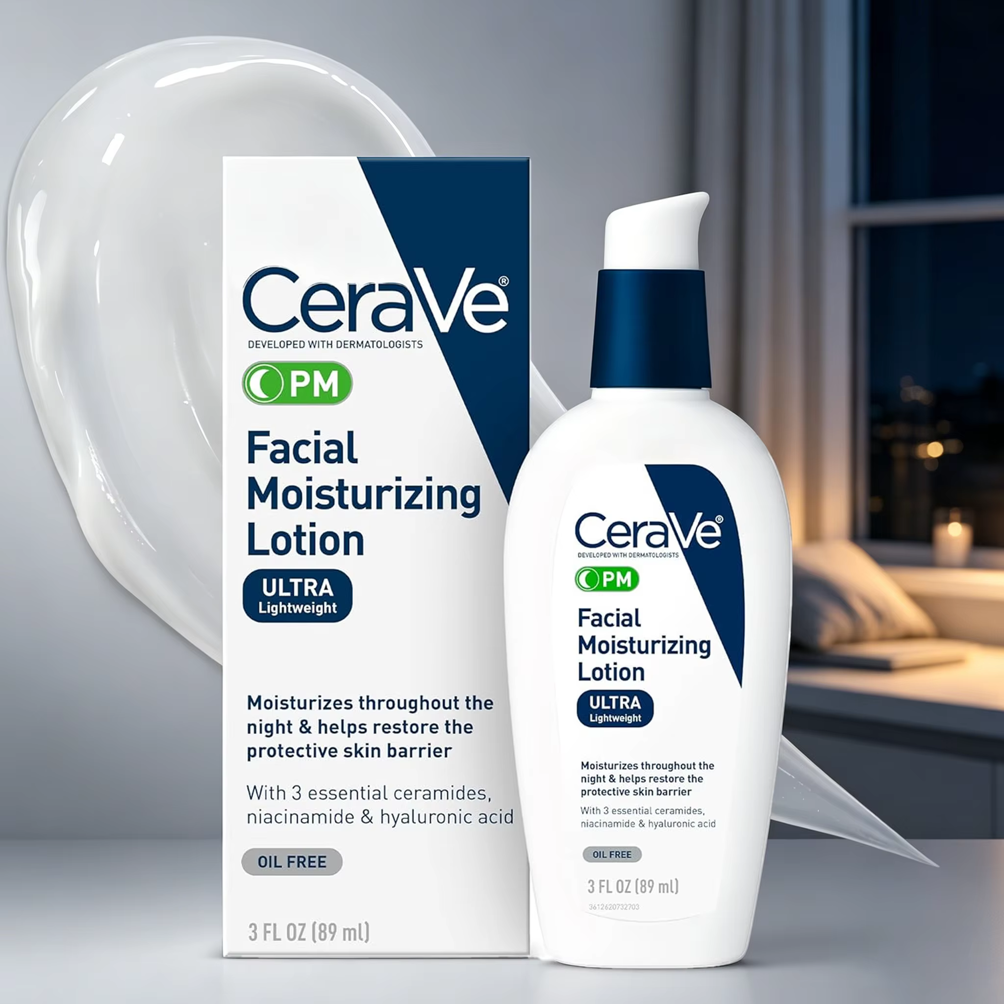 Lotion hydratante pour le visage CeraVe PM avec acide hyaluronique et niacinamide, ultra-légère, hydratant sans huile pour le visage, 3 onces