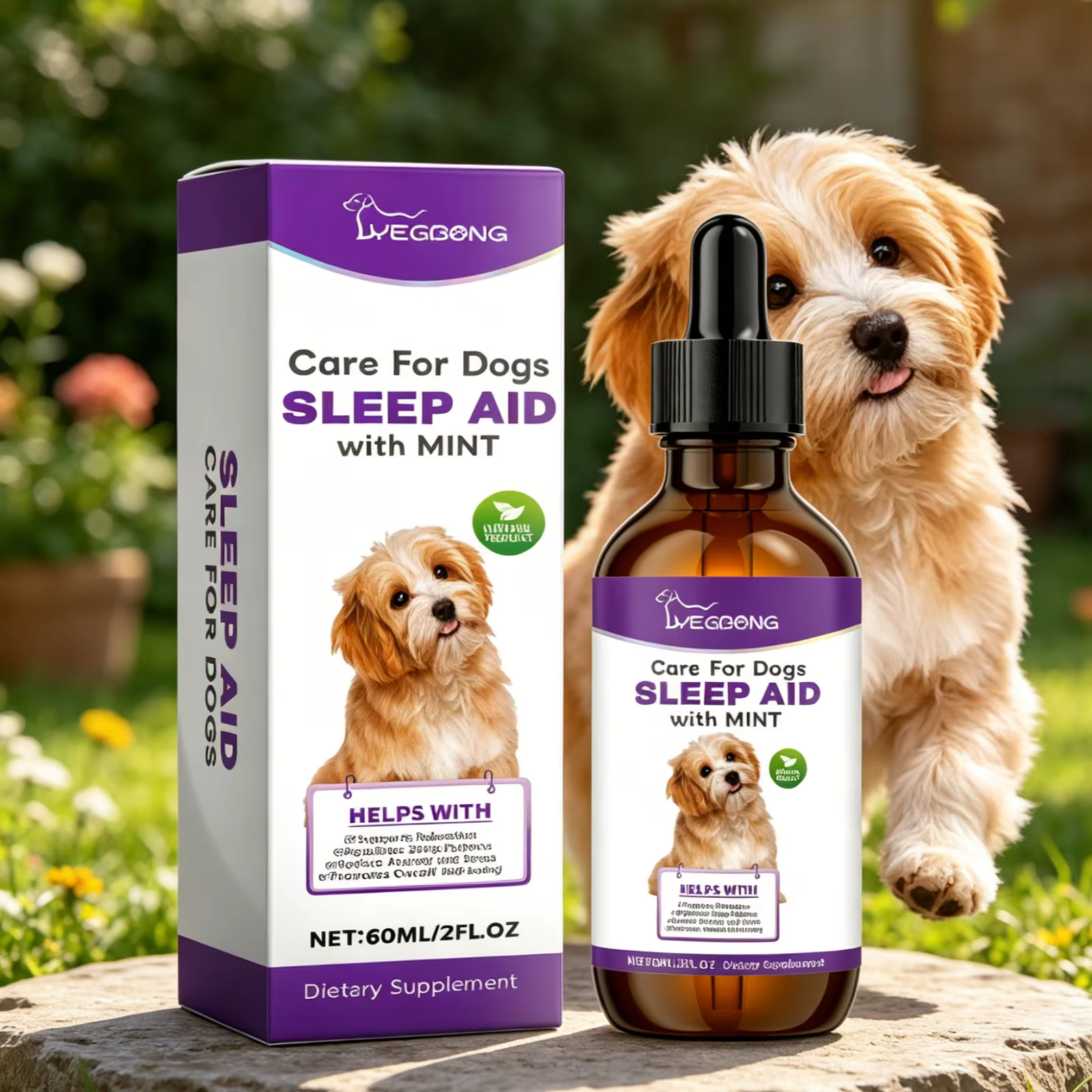 Gouttes de soutien au sommeil pour chiens YEGBONG, réduisent l'anxiété, soin de sédation nocturne, ingrédients naturels, aide au sommeil douce avec menthe pour chiens, 60 ml