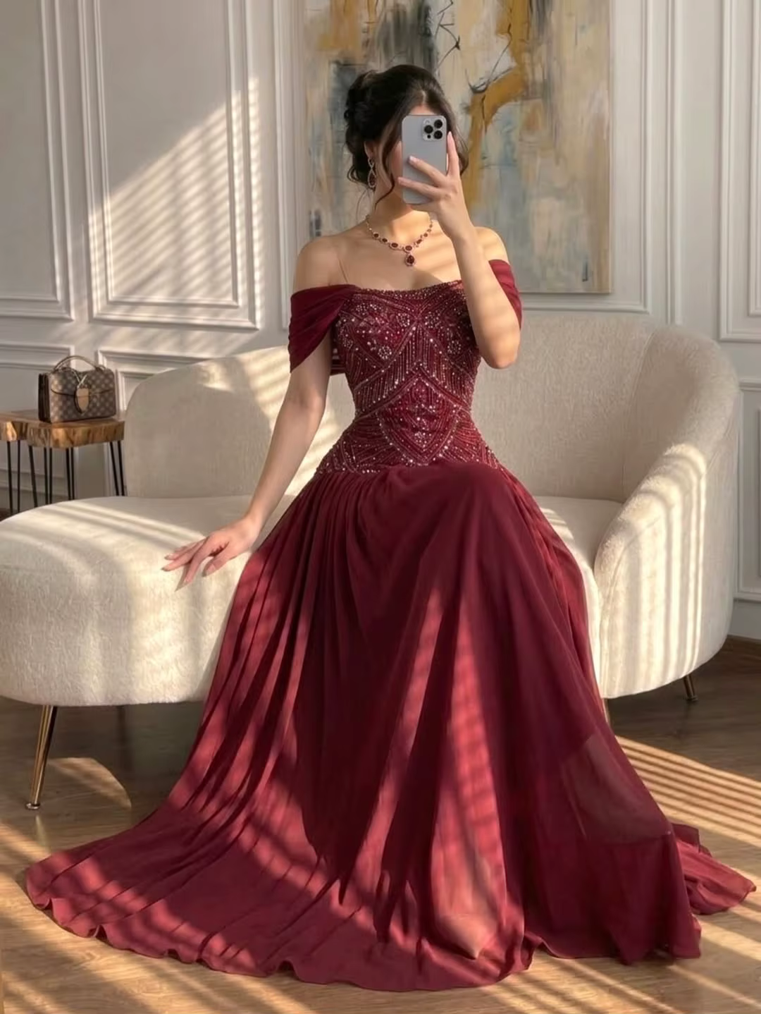 Robes de bal personnalisées bordeaux, coupe trapèze, épaules dénudées, pour occasions formelles, longueur cheville, pour mariage et soirée