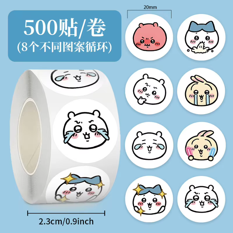 Rouleau d'autocollants mignons Chiikawa Emoji, 500 pièces, autocollants ronds de dessin animé Kawaii Hachiware Usagi pour scrapbooking, ordinateur portable, bouteille d'eau