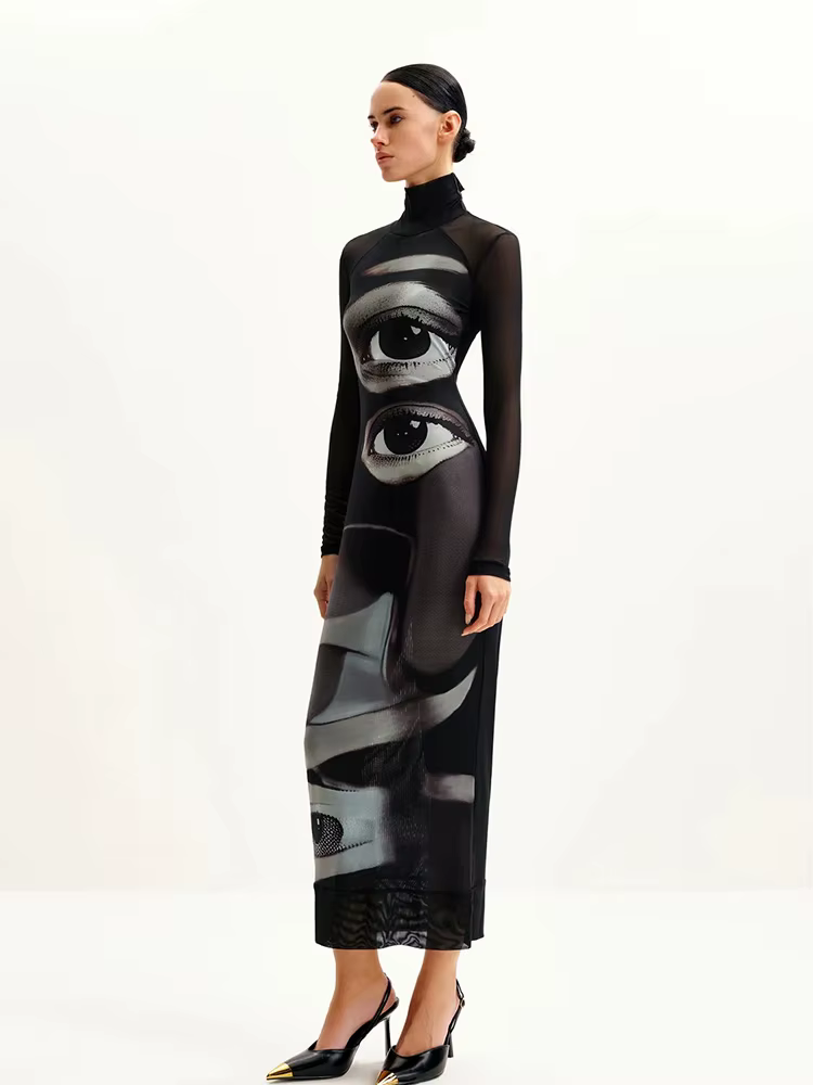 Robe fourreau sexy à manches longues imprimée, coupe ajustée, pour femme, style urbain, club, décontractée, quotidienne, col roulé, cool