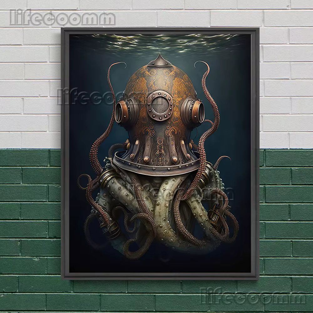 Pieuvre victorienne dans un chapeau haut de forme et Kraken Sea Diver, Art mural vintage, Peinture sur toile, Animal océanique drôle, Affiche imprimée, Décor