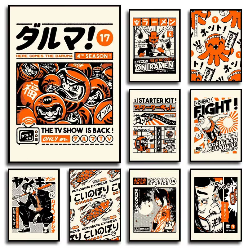 Takoyaki Oni Ramen nourriture japonaise Orange affiches et imprimés toile peinture drôle mur Art photo pour salon décor à la maison