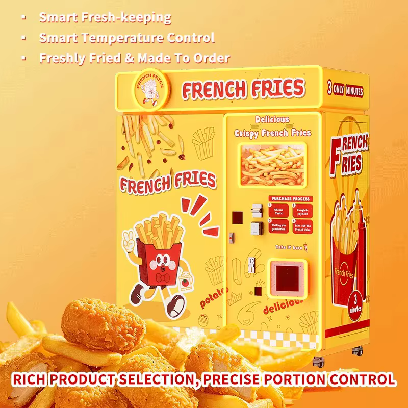 Distributeur automatique de frites entièrement automatique avec écran tactile, paiement sans espèces, machine à snacks en libre-service, capacité personnalisable pour