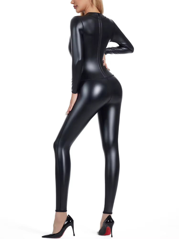 Femmes corps Shaper sans couture haute élastique Body femme PU dos fermeture éclair Catsuit Costume discothèque danse cuir combinaison Shapewear