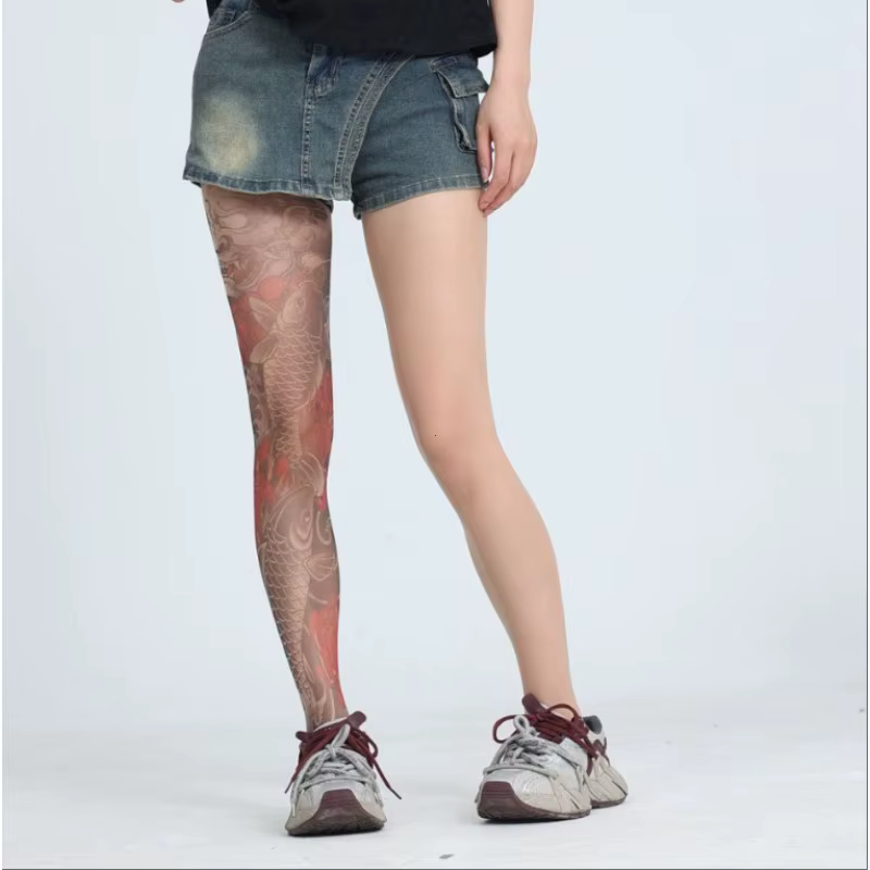 Collants imprimés Sexy pour femmes faux tatouage pivoine