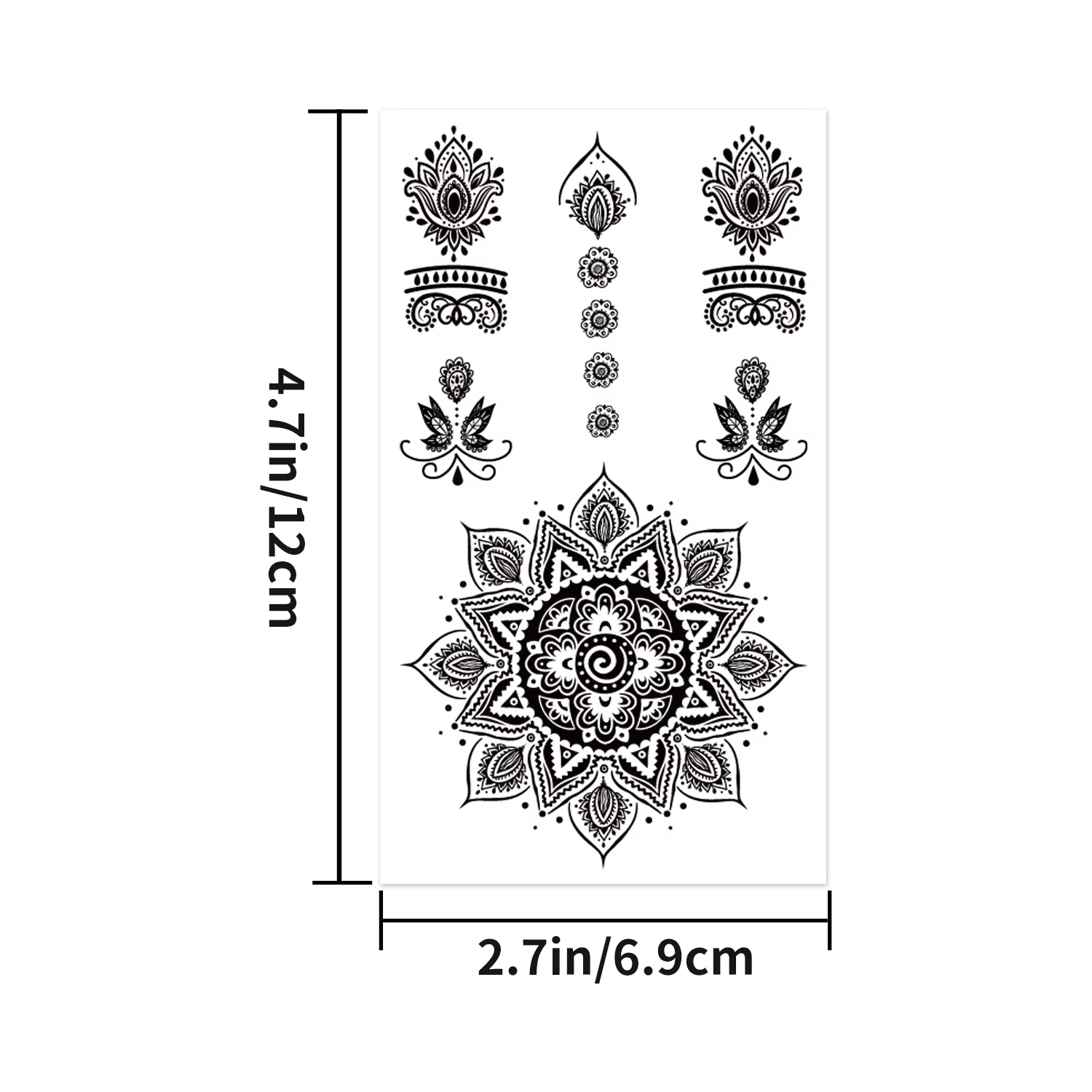 Tatouages temporaires fleur Mandala, autocollants de faux tatouage noir de style henné, 10 feuilles