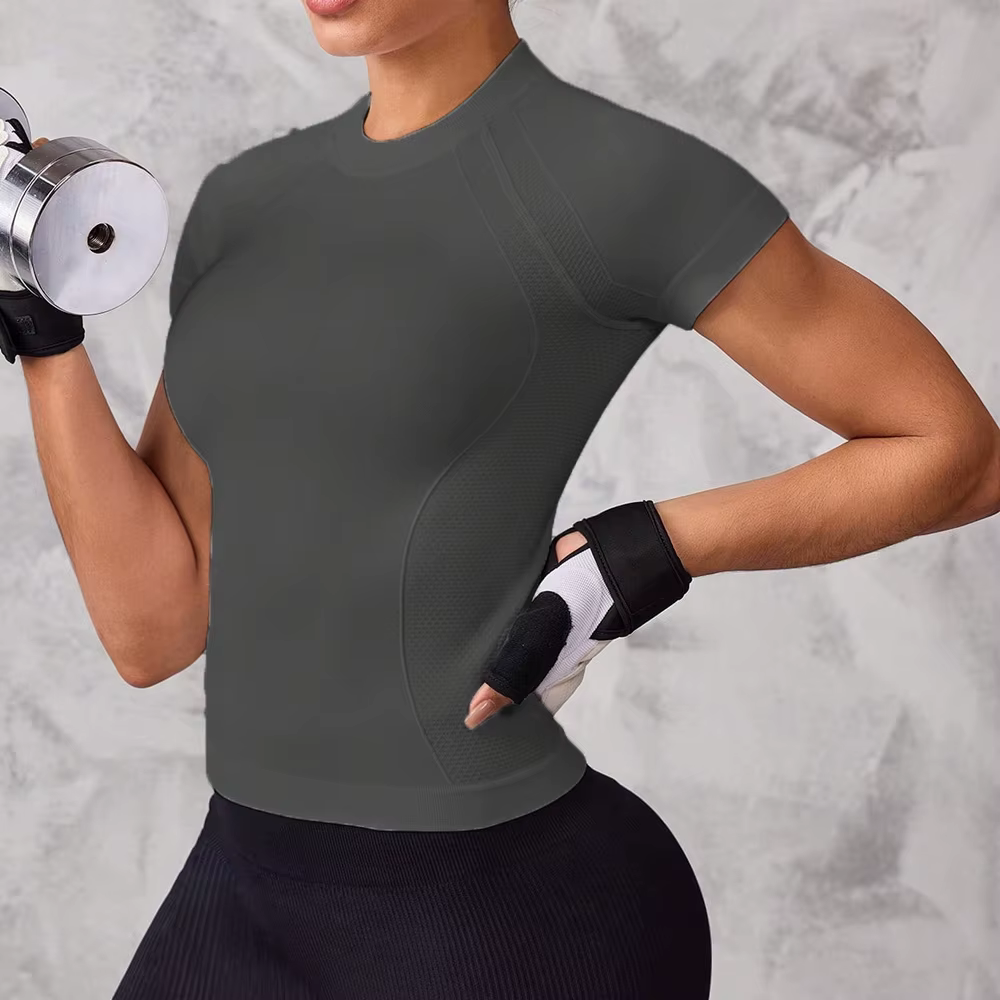 Haut de sport à manches courtes pour femmes, tissu respirant et à séchage rapide, adapté à la course et au yoga,