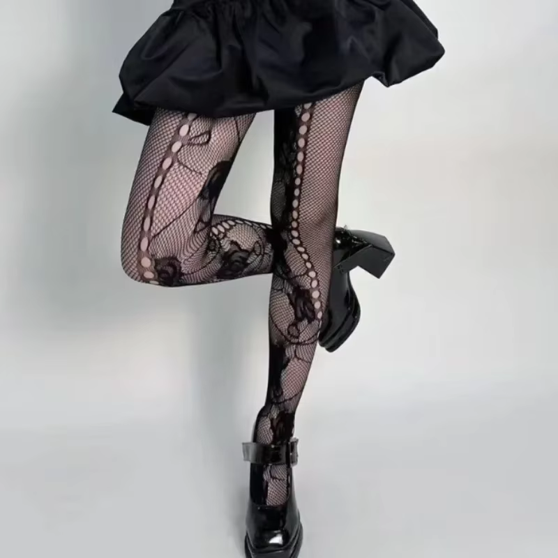 Collants français romantiques en maille creuse pour femmes
