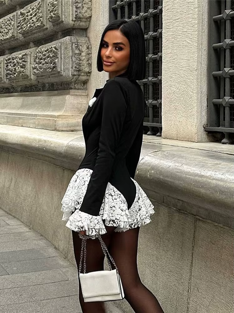 Kliou dentelle Patchwork body femme col bas manches évasées contraste conception volants ourlet filles chaudes rue Sexy mode moulante