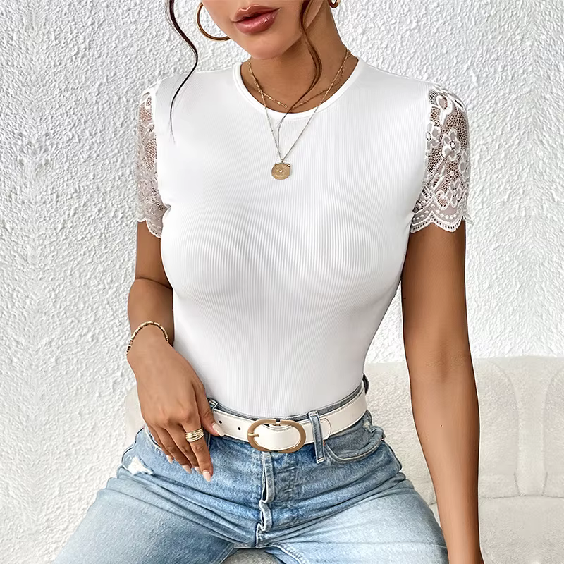 Body moulant sexy en dentelle à manches courtes pour femme