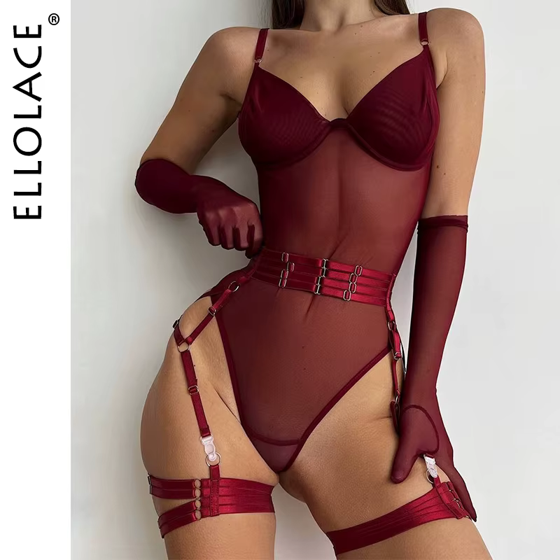 Ellolace Body moulant en dentelle Sexy transparent corps érotique avec gants jarretière tenue de boîte de nuit Sissy haut en maille sans entrejambe