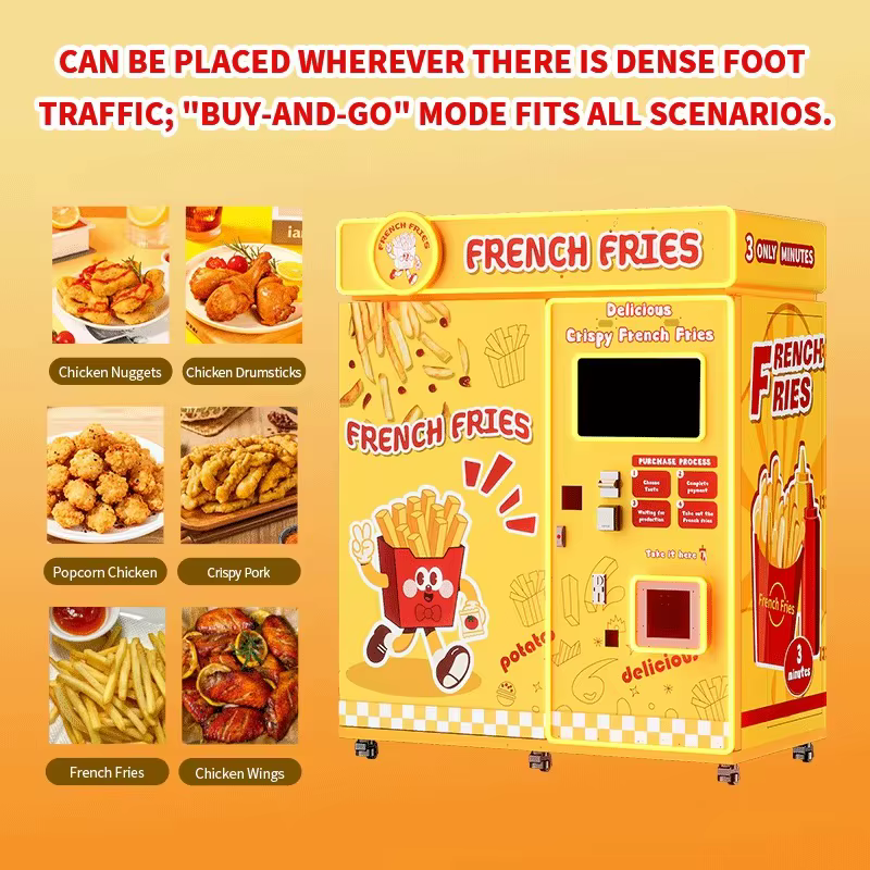 Distributeur automatique de frites entièrement automatique avec écran tactile, paiement sans espèces, machine à snacks en libre-service, capacité personnalisable pour