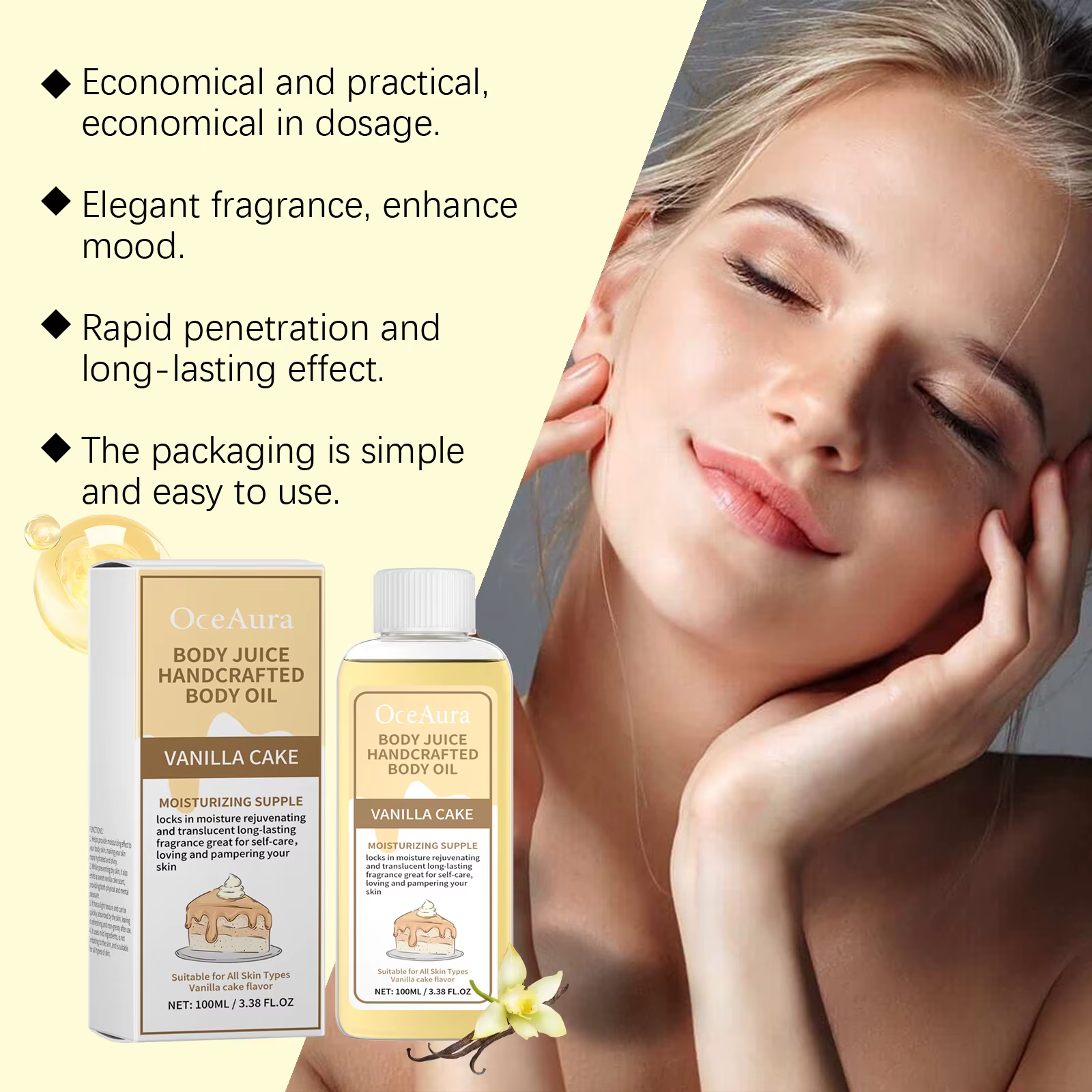 OceAura huile corporelle parfumée vanille parfum longue durée hydratant rajeunissement de la peau huile de noix de coco huile de Massage corporel fraise