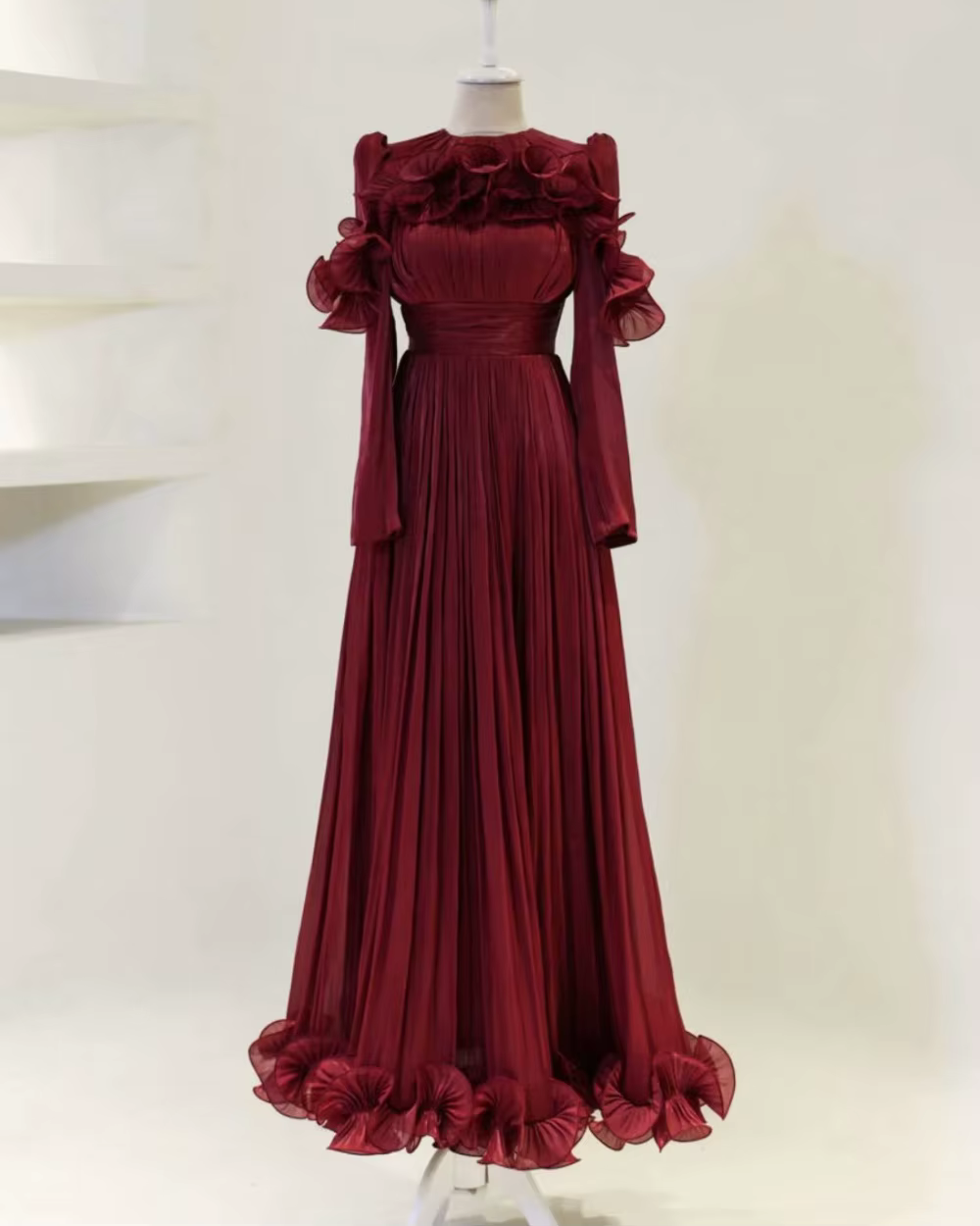 Robe de soirée longue en mousseline de soie bordeaux, personnalisée, modeste, plissée, froncée, ligne a, col haut, robes de soirée pour femmes, luxe, haute qualité