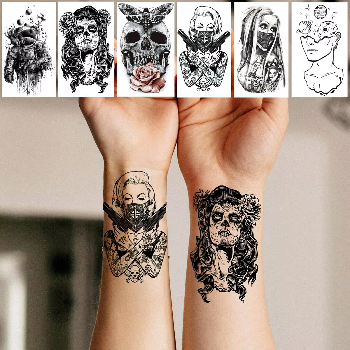 52 feuilles de tatouages temporaires crâne noir pour hommes femmes bras cou tatouages pâte fausse petite fleur serpent de montagne animaux tatouages 3D