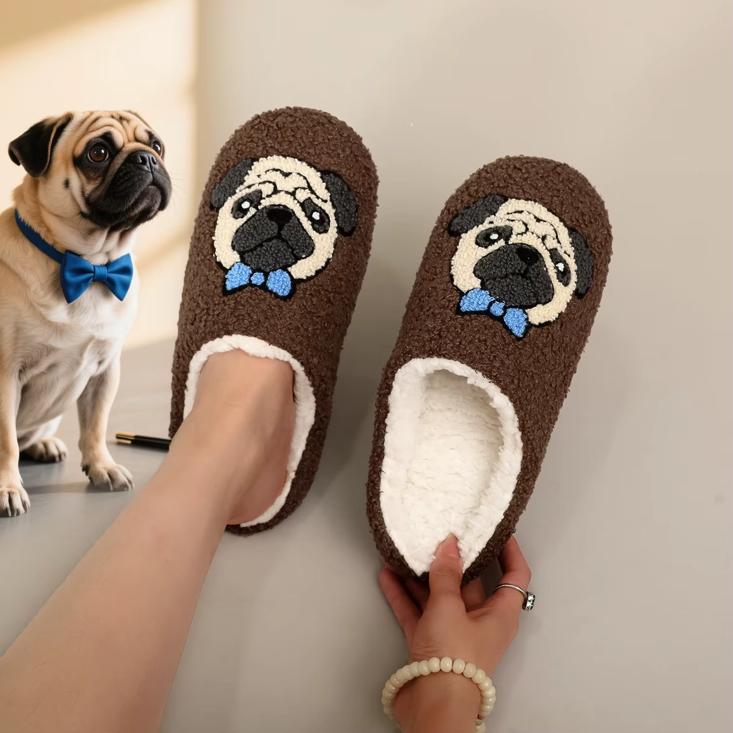 Une paire de pantoufles en fourrure confortables à semelles souples pour la maison en peluche à motif brodé de carlin marron, pantoufles d'intérieur mignonnes, chaudes et antidérapantes pour hommes et