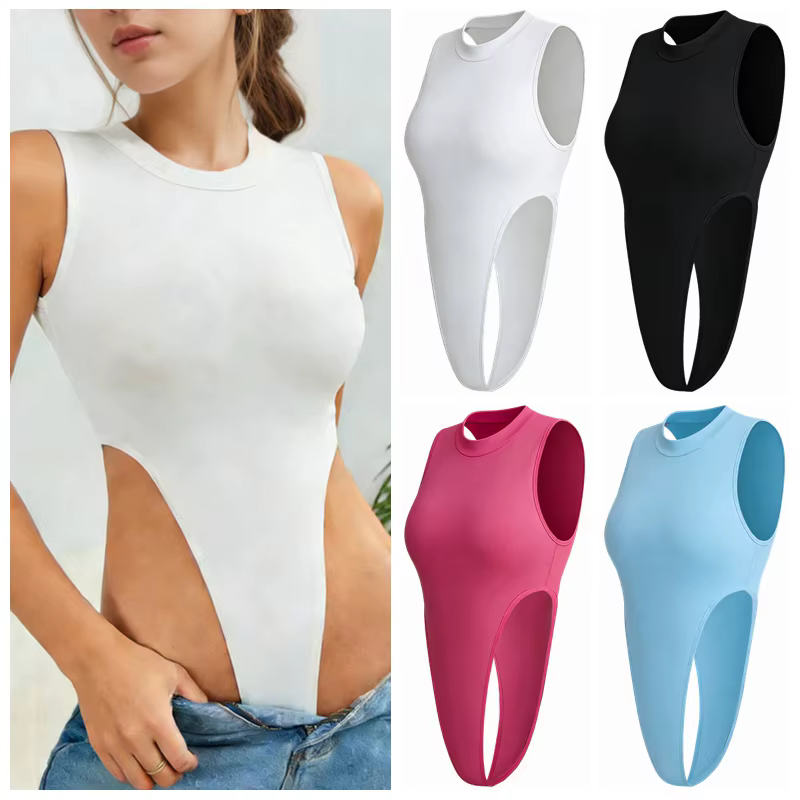 Vêtements pour femmes Midriff Costume Body sans manches mince extensible débardeur barboteuses Style Sexy flatteur pour combishorts de fête 38b