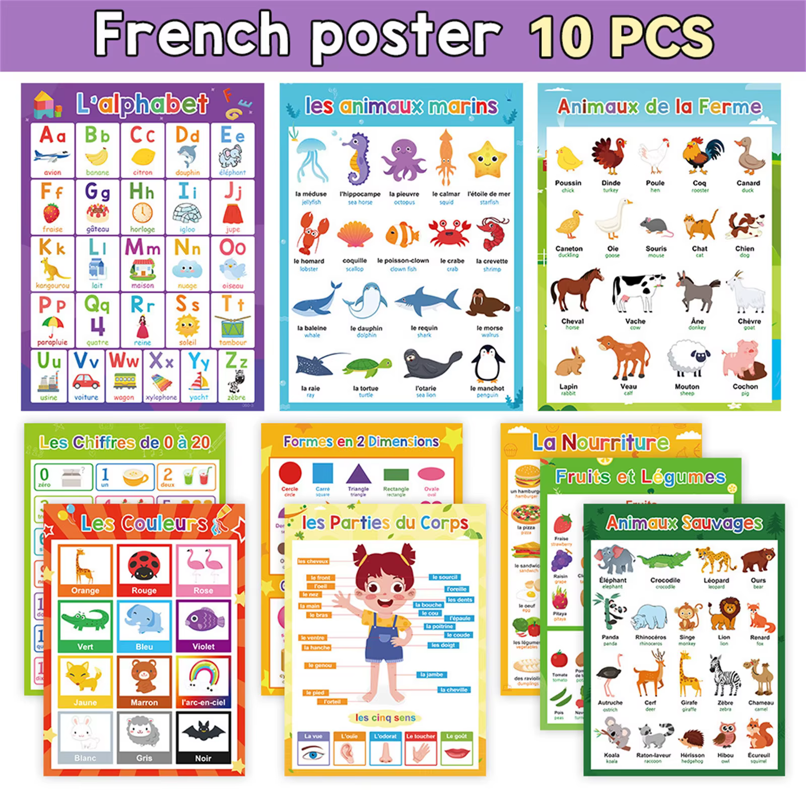 Affiche d'apprentissage du français avec animaux, lettres, fruits, mots, outil d'éducation précoce pour la maison et l'école