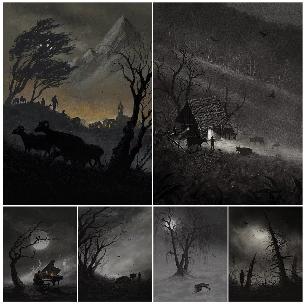 Toile d'art mural abstrait noir-blanc, cabane de montagne et voyageurs, peinture silencieuse, forêt de montagne, affiche d'art fantastique, décor imprimé