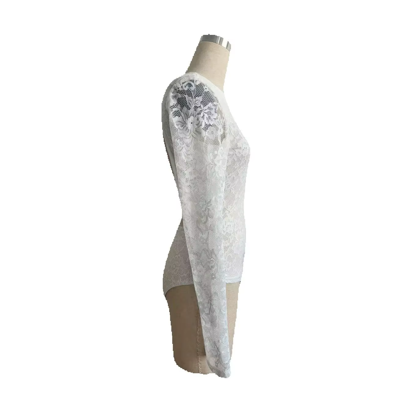 Body une pièce blanc en dentelle et résille à manches longues pour femme