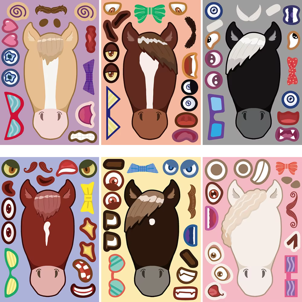 8 modèles d'autocollants de collage tête de cheval de dessin animé - Autocollants imperméables DIY pour journaux, étuis de téléphone et carnets AnimeWorlds Store