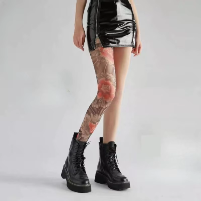 Collants imprimés Sexy pour femmes faux tatouage pivoine