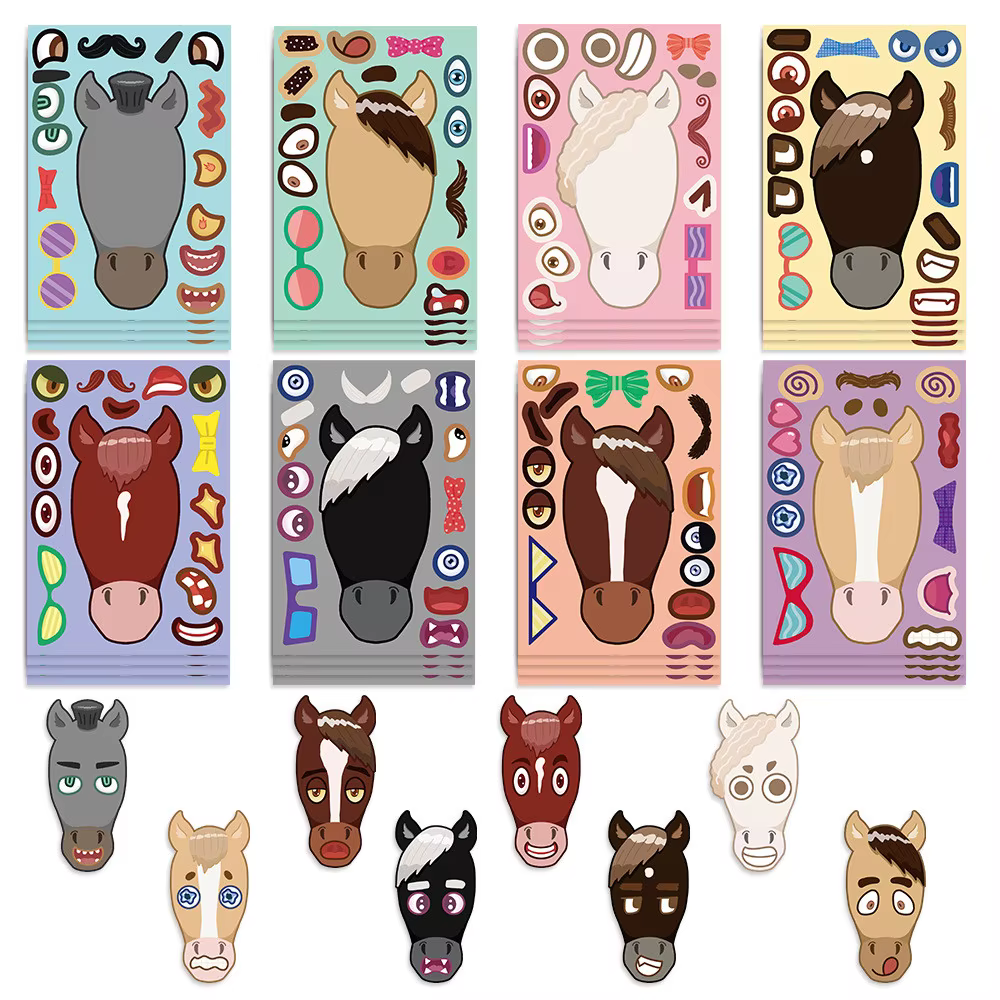 8 modèles d'autocollants de collage tête de cheval de dessin animé - Autocollants imperméables DIY pour journaux, étuis de téléphone et carnets AnimeWorlds Store