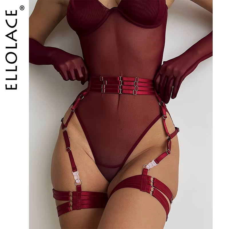 Ellolace Body moulant en dentelle Sexy transparent corps érotique avec gants jarretière tenue de boîte de nuit Sissy haut en maille sans entrejambe