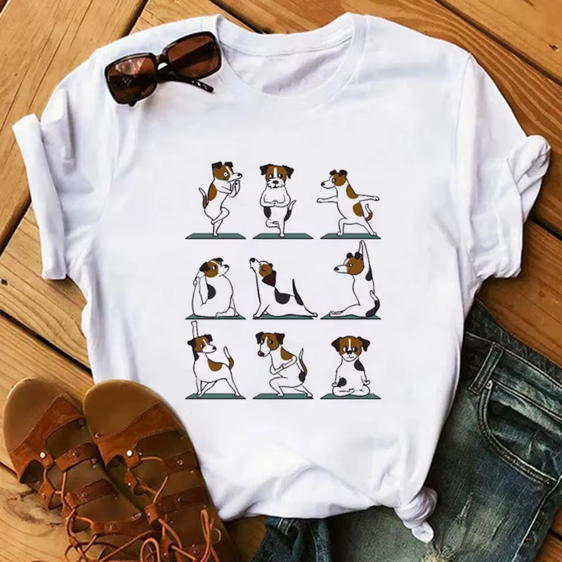 PDPyoga-T-shirt de fitness imprimé graphique animal pour femme, T-shirt Kawaii décontracté, T-shirt Harajuku esthétique, T-shirt blanc Y-Tee, poses drôles