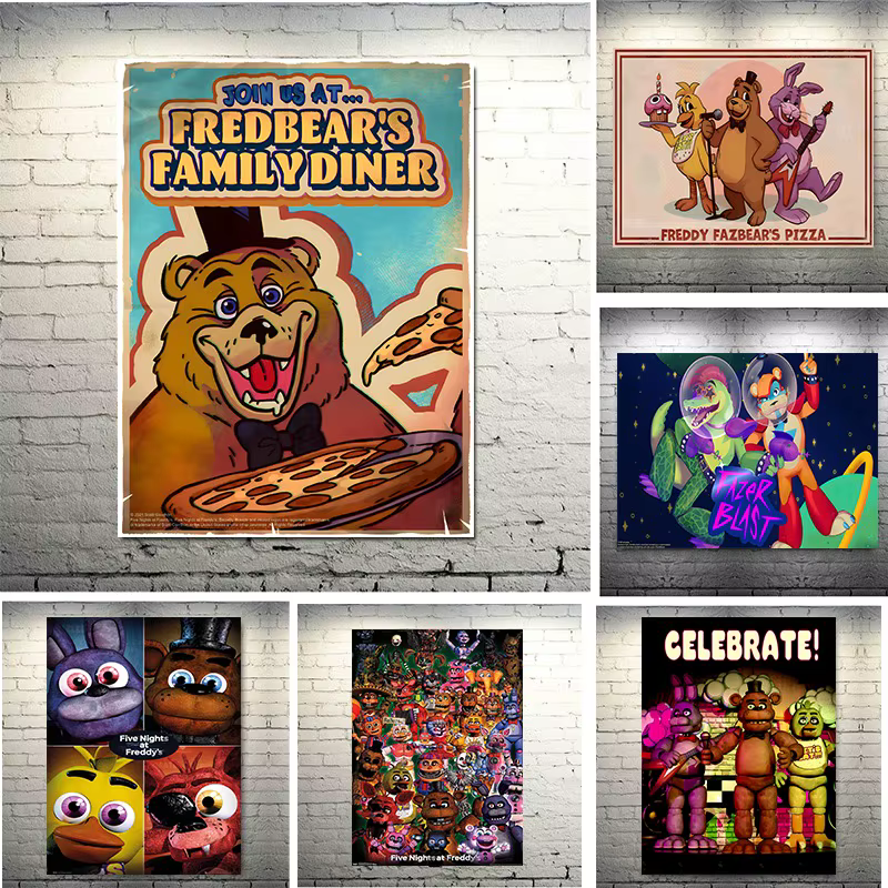 Lot de 5 affiches Five Nights at Freddy's pour décoration murale de salle de jeux, impressions d'horreur FNAF sans cadre, pour chambre, dortoir, man cave, fournitures de fête, cadeau pour les fans