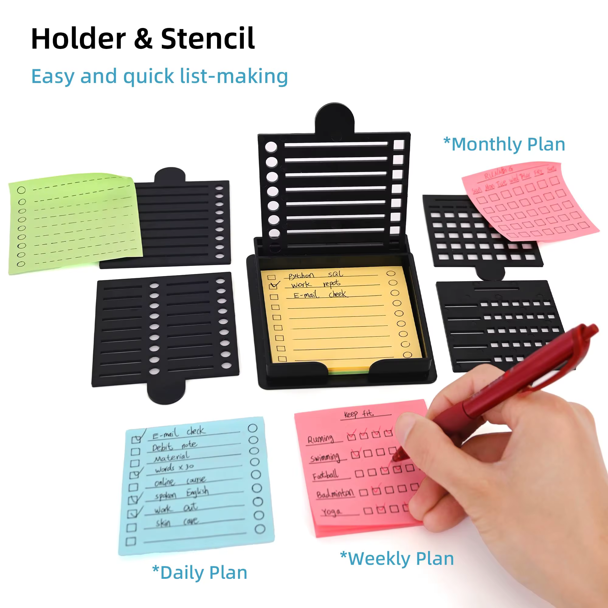 Support pour notes autocollantes compatible avec les notes Post-it, distributeur avec gabarits de dessin, organiseur de bloc-notes en boîte