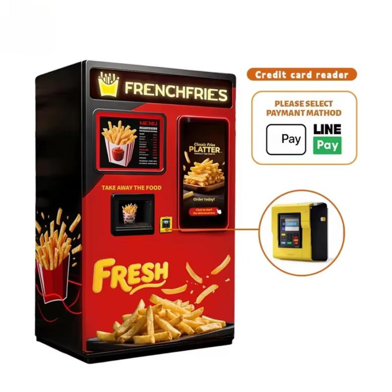 Distributeur automatique de frites personnalisé avec écran tactile intelligent et paiement sans espèces, adapté aux cinémas et aux stades