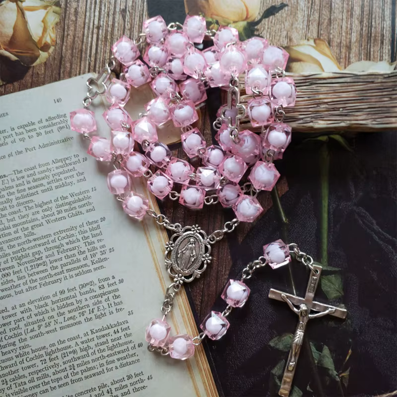 Carré rose pour collier chapelet croix, bijoux sacrés, pendentif, cadeau prière