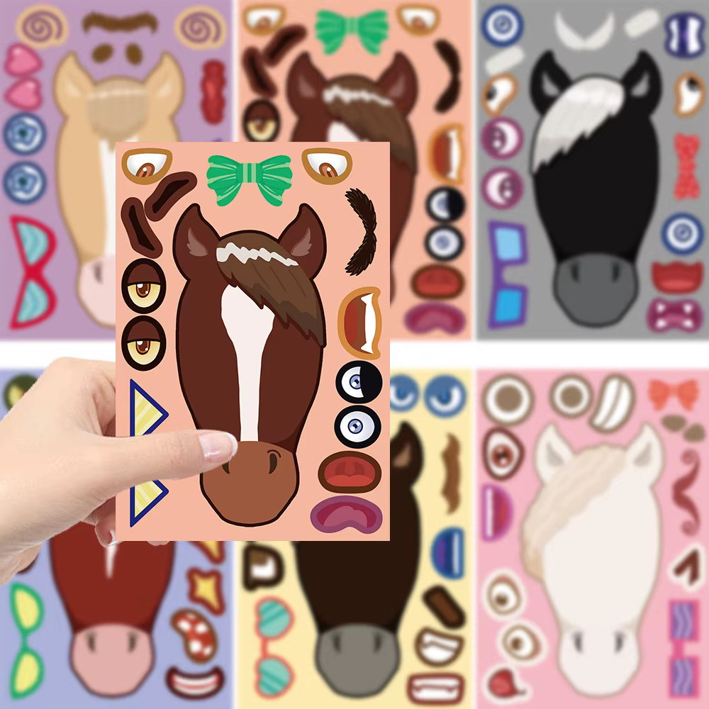8 modèles d'autocollants de collage tête de cheval de dessin animé - Autocollants imperméables DIY pour journaux, étuis de téléphone et carnets AnimeWorlds Store