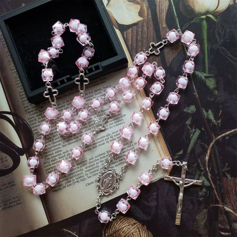 Carré rose pour collier chapelet croix, bijoux sacrés, pendentif, cadeau prière