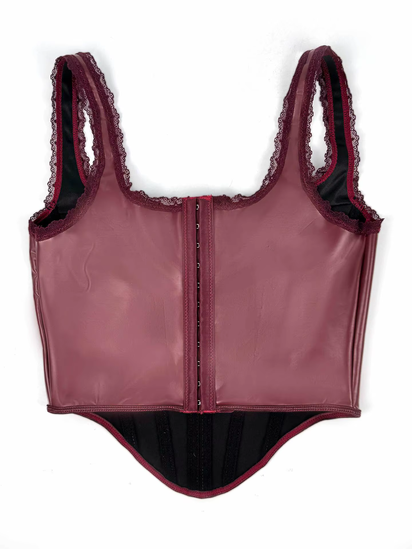 Rouge noir couleurs Pu cuir dentelle bord bandoulière haut pour femme gaine amincissante coupe ajustée arête de poisson hauts de soutien-gorge