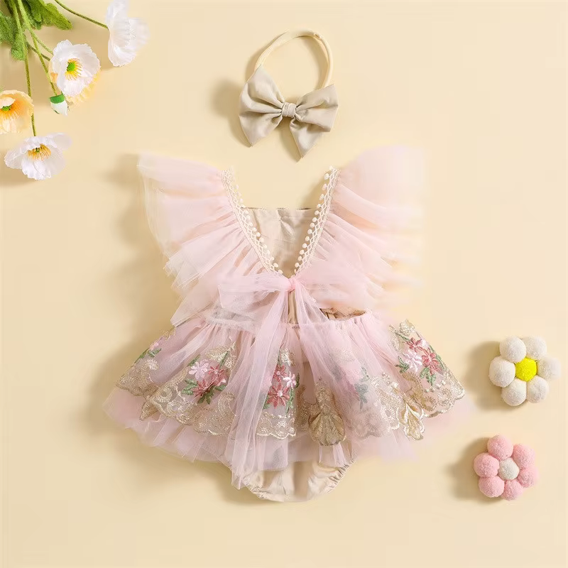 Robe body pour bébé fille de 0 à 24 mois, barboteuse brodée de fleurs, manches volantes, avec bandeau à nœud papillon
