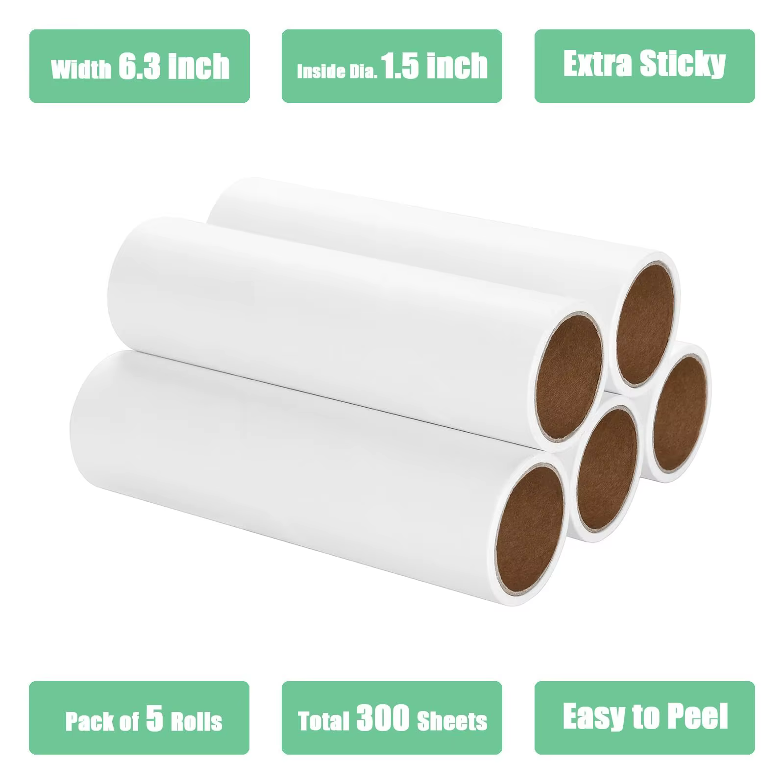 Recharges de rouleaux anti-poils de 6,3/7,48/9,45 pouces, extra collantes, pour poils d'animaux, 60 feuilles par rouleau, lot de 5, 300 feuilles au total