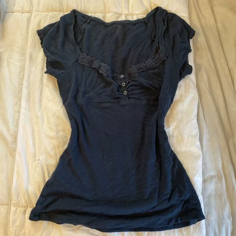 T-shirt Vintage en dentelle Slim, couleur unie, motif décontracté, mode de rue Y2K, haut court poubelle Punk hop pour femmes