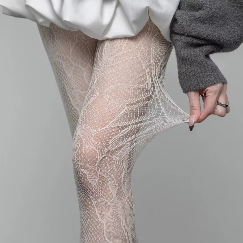 Collants Résille Vintage Français en Dentelle Florale Transparente