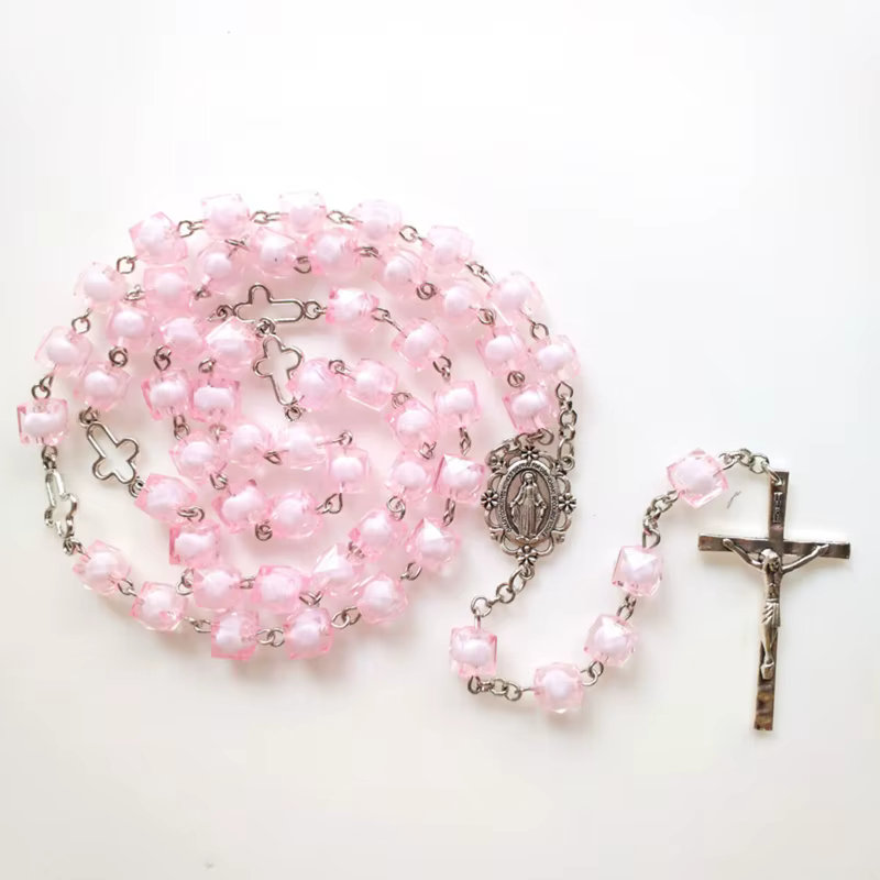 Carré rose pour collier chapelet croix, bijoux sacrés, pendentif, cadeau prière